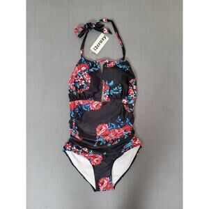 12CRAZY Womens One Piece Monokini Halter Tie Floral Swimsuit Small
